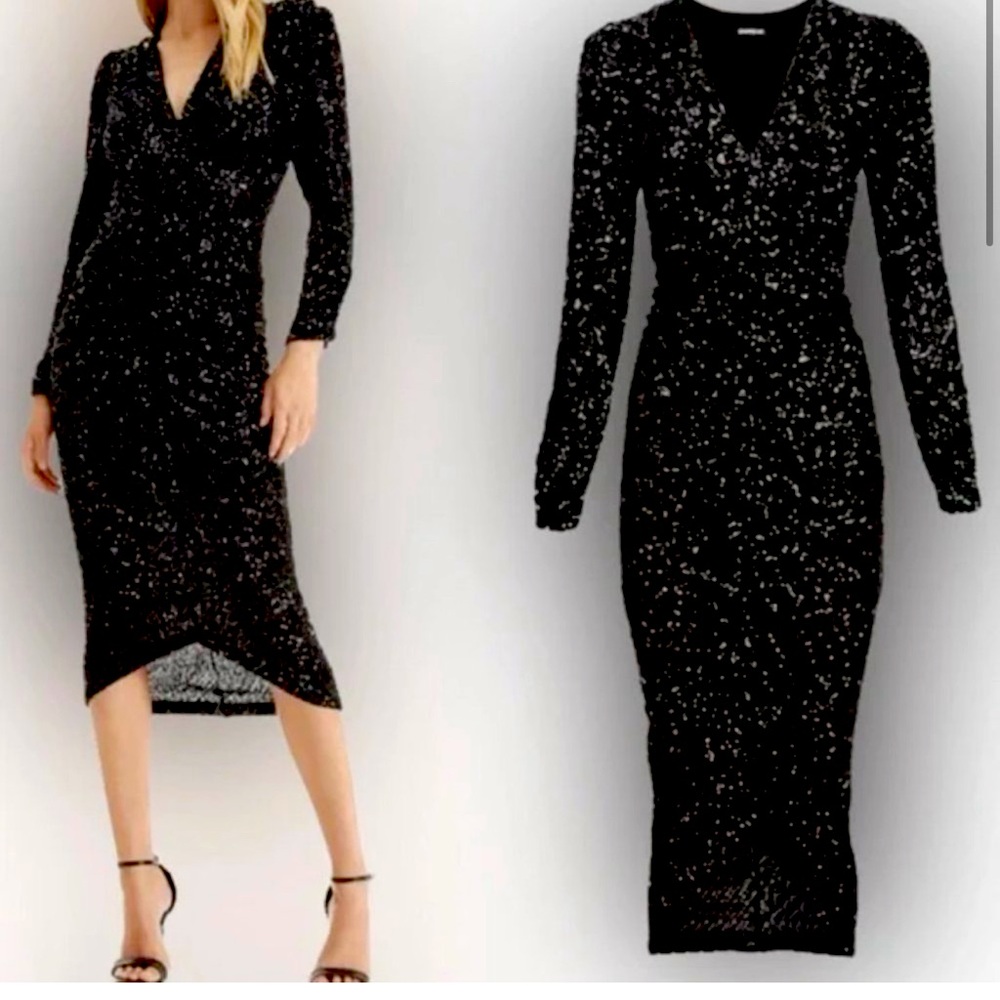 NEW Express Sequin V-Neck Puff Shoulder Ruched Midi Sheath Dress LARGE